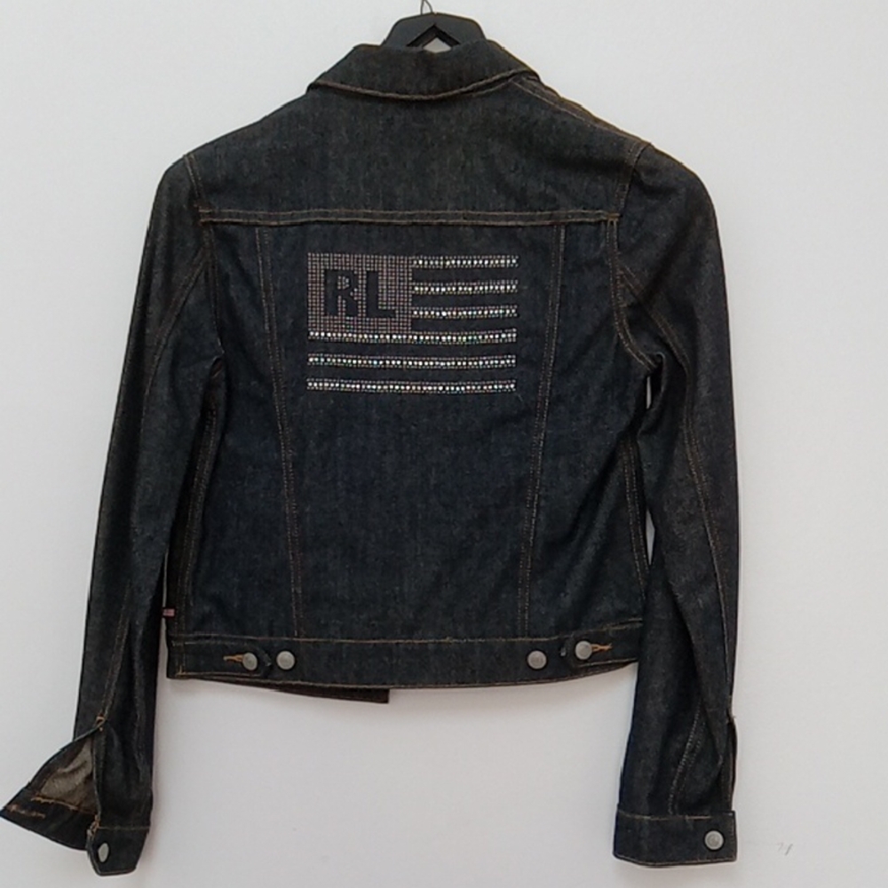 Polo Jeans Co. by Ralph Lauren Studded American Flag Logo Dark Denim Jacket